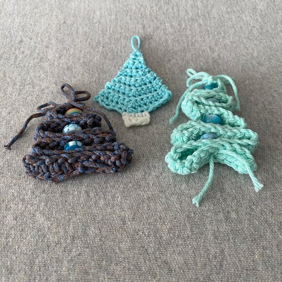 Handmade Crochet Blue Brown Holiday Christmas Tree Hanging Decorations Set of 3 - Picture 3 of 6